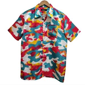 Offbeat Shirt Mens XL Colorful Camouflage Short Sleeve Satin Sheen Pocket Casual